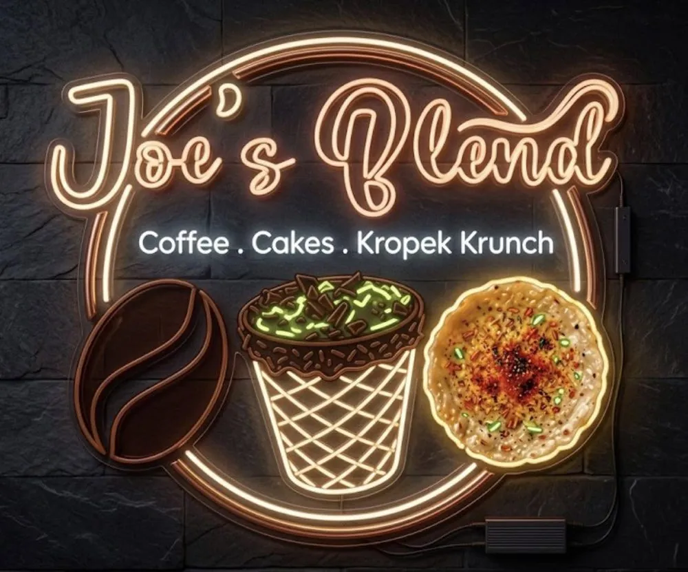Joe's Blend neon sign: Coffee, Cakes, Kropek Krunch