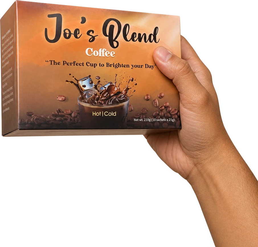 A hand holding the Joe's Blend Coffee box
