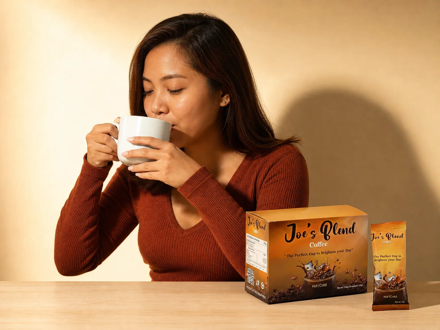 Sipping a cup of Joe's Blend, the box and a sachet on the table
