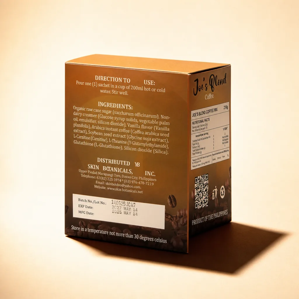 The back of the box: directions, ingredients, distributor, batch