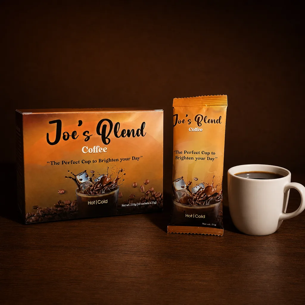 Joe's Blend box, sachet and mug on a desk