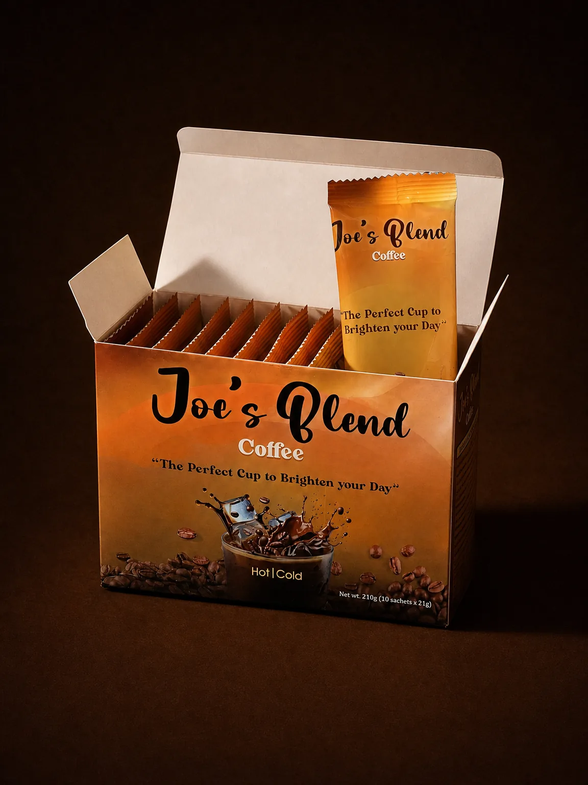 Joe's Blend box open, ten sachets inside