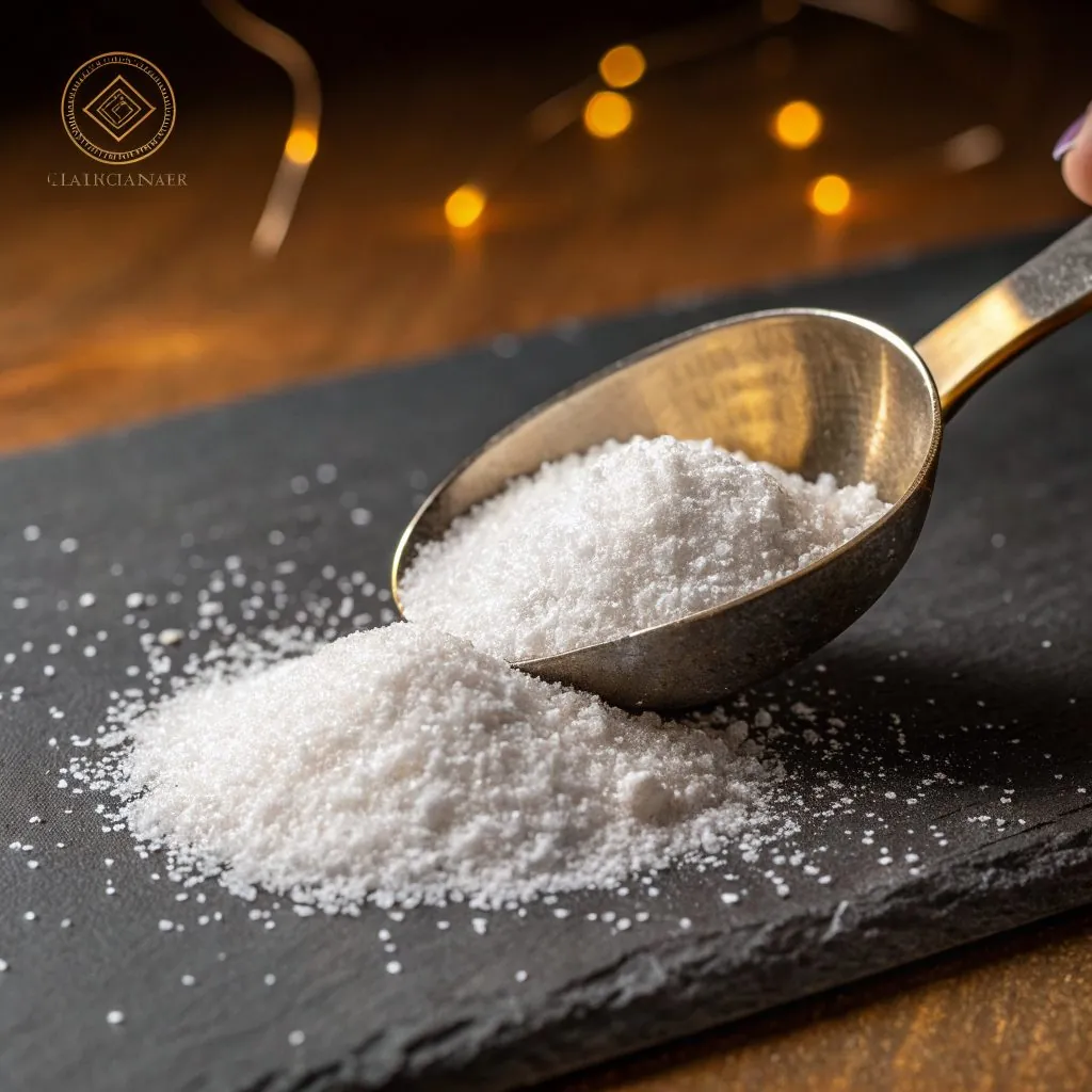White carnitine powder in a brass scoop