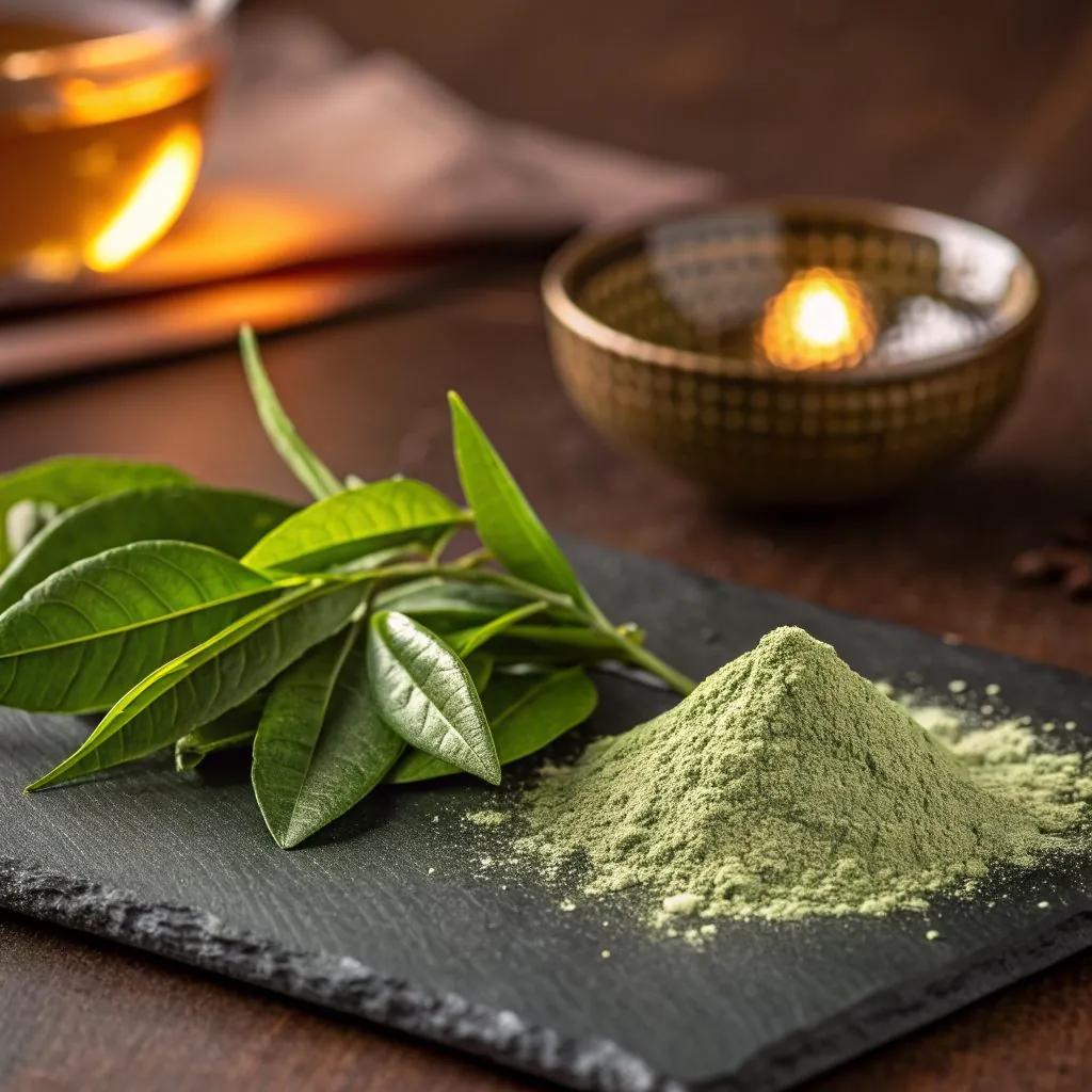 Green tea leaves beside L-theanine powder